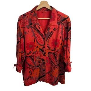 Tianello Aida Blouse shirt women XS Red paisley roll tab‎ sleeve Casual boho